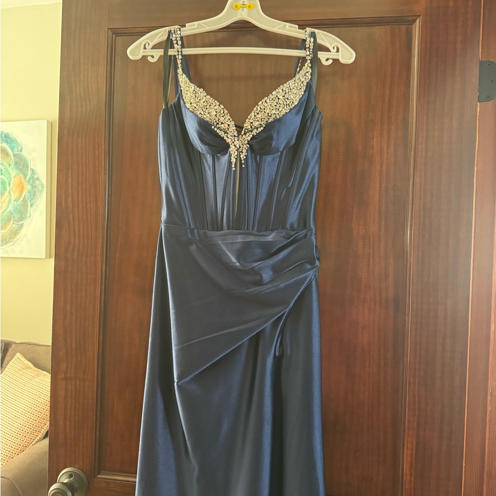Sherri Hill Navy Blue Prom Dress with Silver Accents